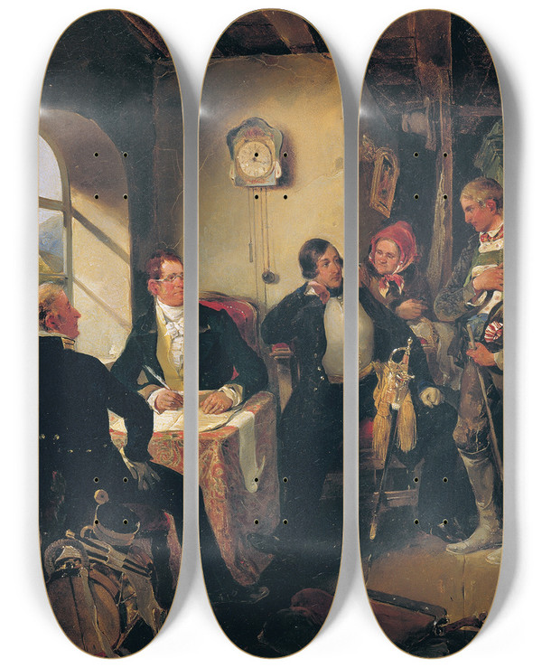 Triptych art skateboard deck of Carl Schindler Die Rekrutierung by Carl Schindler (1821-1842)