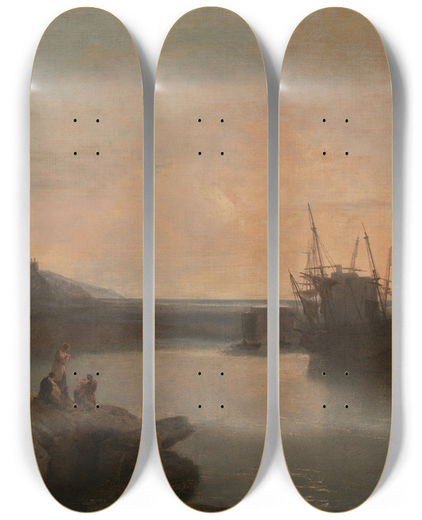 Triptych art skateboard deck of Joseph Mallord William Turner Harlech Castle From Tygwyn Ferry Summers Evening Twilight by Joseph Mallord William Turner (1775-1851)