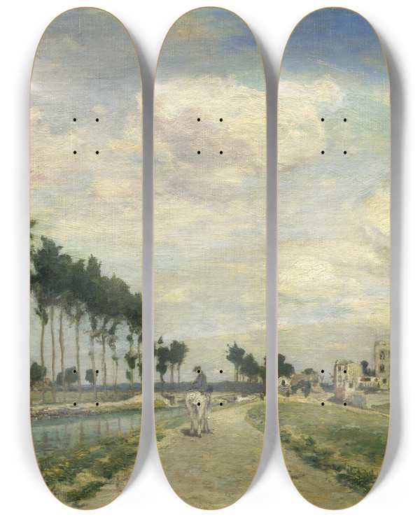 Triptych art skateboard deck of Johan Barthold Jongkind The Towpath by Johan Barthold Jongkind (1819-1891)