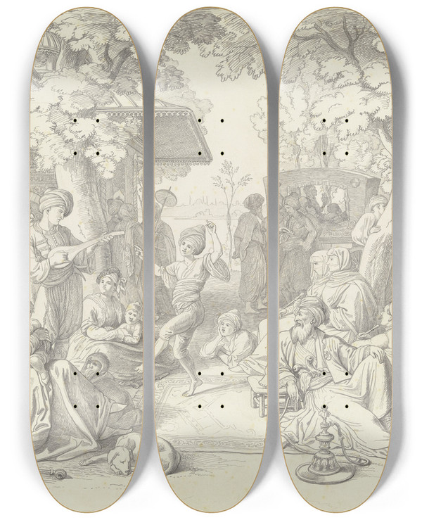Triptych art skateboard deck of Johann Michael Wittmer Knabe Vor Einer Versammlung Von Orientalen Tanzend by Johann Michael Wittmer (1802-1880)