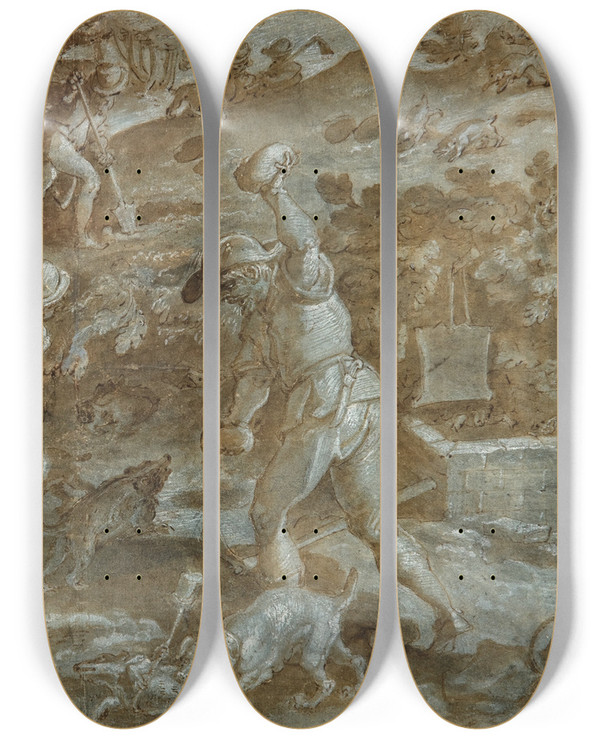 Triptych art skateboard deck of Jan Van Der Straet A Badger Hunt by Jan van der Straet (1523-1605)