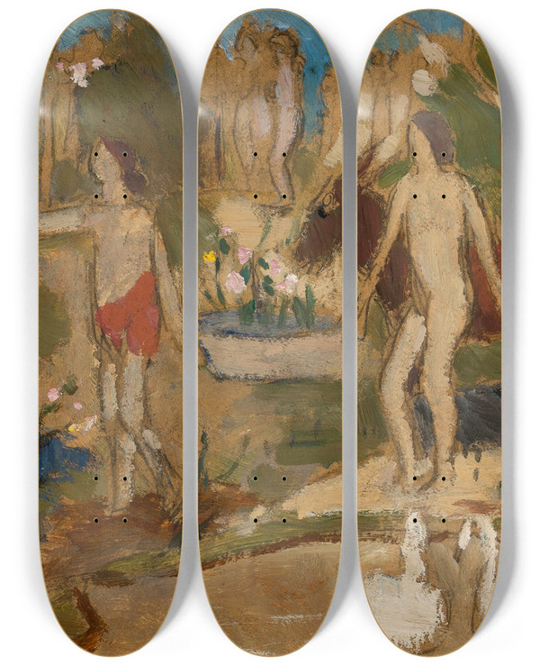 Triptych art skateboard deck of Tadeusz Makowski Garden Scene With Figures And Swans by Tadeusz Makowski (1882-1932)