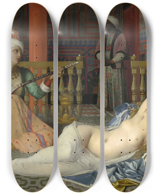Triptych art skateboard deck of Jean Auguste Dominique Ingres Odalisque Slave And Eunuch by Jean Auguste Dominique Ingres (1780-1867)