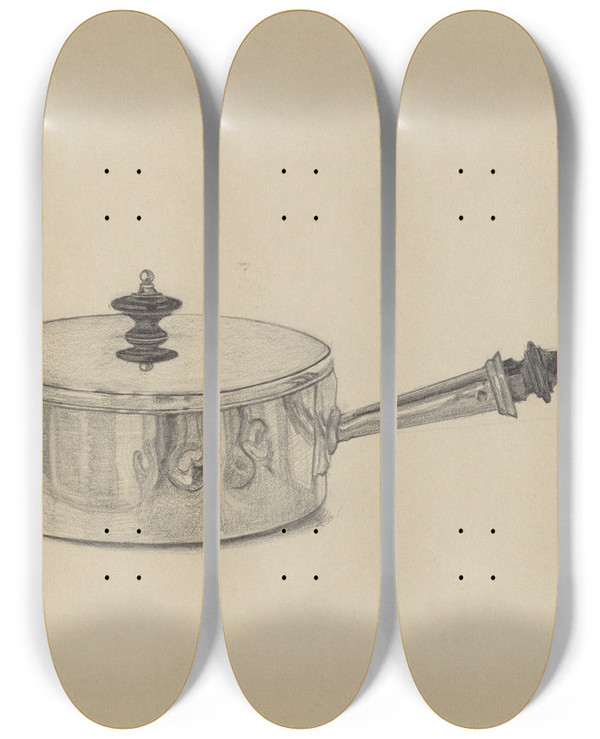 Triptych art skateboard deck of S Brodsky Silver Serving Dish by S Brodsky