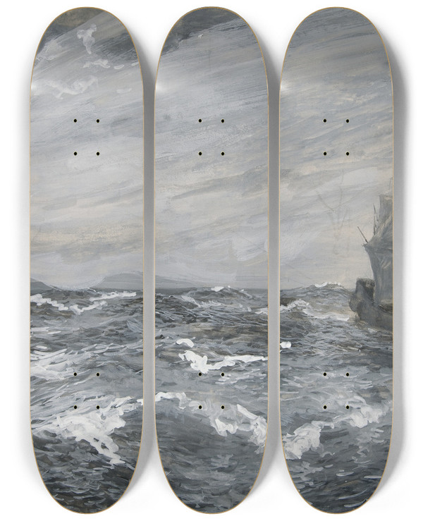 Triptych art skateboard deck of Edwin Austin Abbey Seascape With Sailingboat by Edwin Austin Abbey (1852-1911)