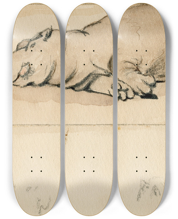 Triptych art skateboard deck of Pieter Van Loon Het Nijlpaard In De Engelse Dierentuin_5 by Pieter Van Loon (1801-1873)