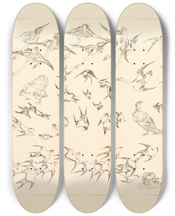 Triptych art skateboard deck of Flix Bracquemond Oiseaux Japonais by Felix Bracquemond (1833-1914)
