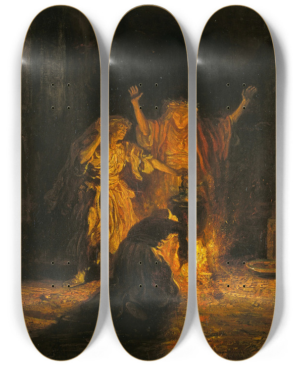 Triptych art skateboard deck of Alexandregabriel Decamps The Witches In Macbeth by Alexandre-Gabriel Decamps (1803-1860)
