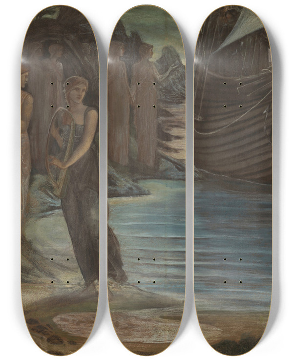 Triptych art skateboard deck of Sir Edward Coley Burnejones The Sirens Composition Study by Sir Edward Coley Burne-Jones (1833-1898)