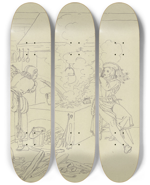 Triptych art skateboard deck of Ferdinand Fellner In Der Kche Einer Mhle Sitzt Ein Ritter Am Herde Die Mllerin Sucht Mit Einem Eimer Wasser Das Feuer Zu Lschen by Ferdinand Fellner (1799-1859)