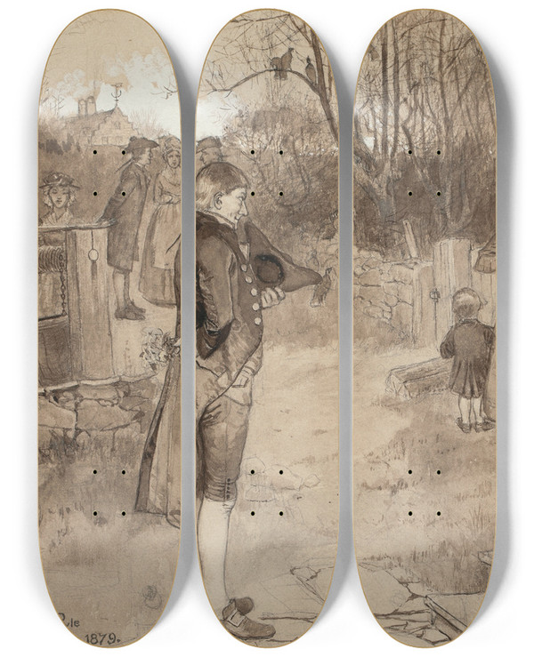 Triptych art skateboard deck of Howard Pyle Sunday In Old Catskill by Howard Pyle (1853-1911)