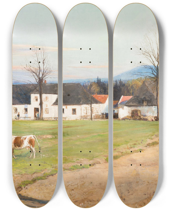 Triptych art skateboard deck of Samuel Brunner Landscape With A Farm by Samuel Brunner (1858-1939)