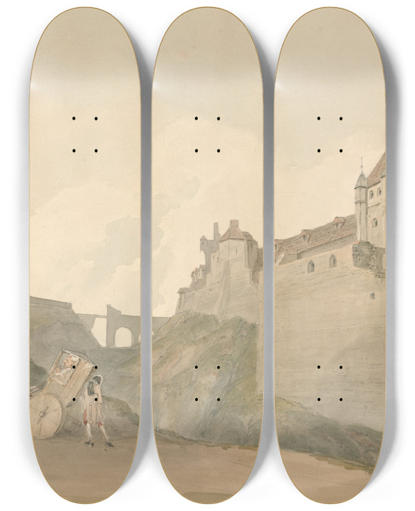 Triptych art skateboard deck of Samuel Davis Castle At Dieppe Normandy by Samuel Davis (1757-1819)