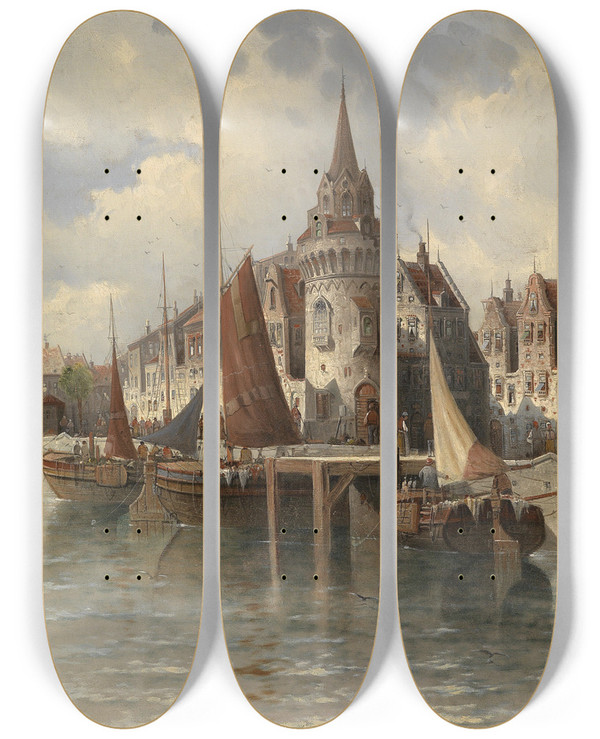 Triptych art skateboard deck of August Von Siegen Blick Auf Eine Hafenstadt by August Von Siegen (1850-1910)
