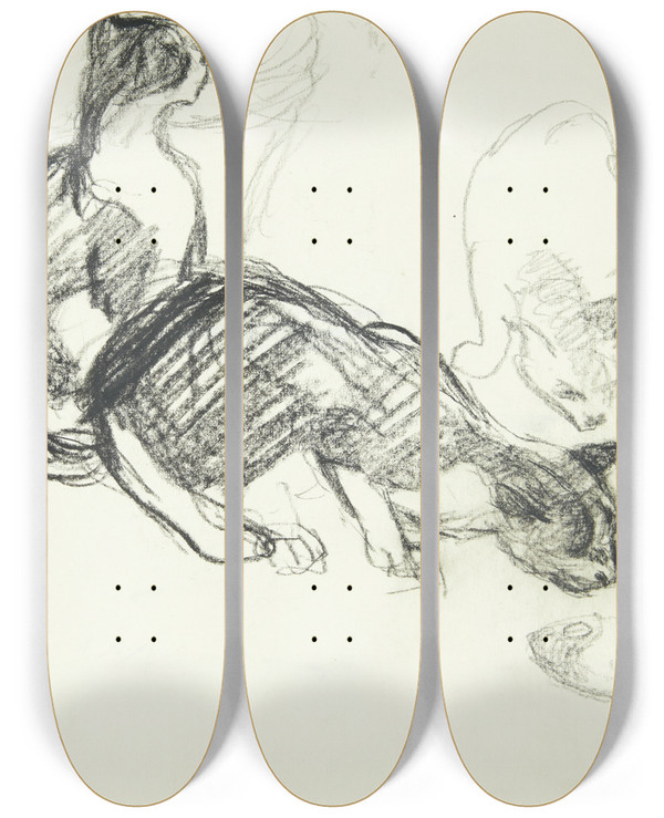 Triptych art skateboard deck of Henrik Schouboe Studieblad Med Katte by Henrik Schouboe (1876-1949)