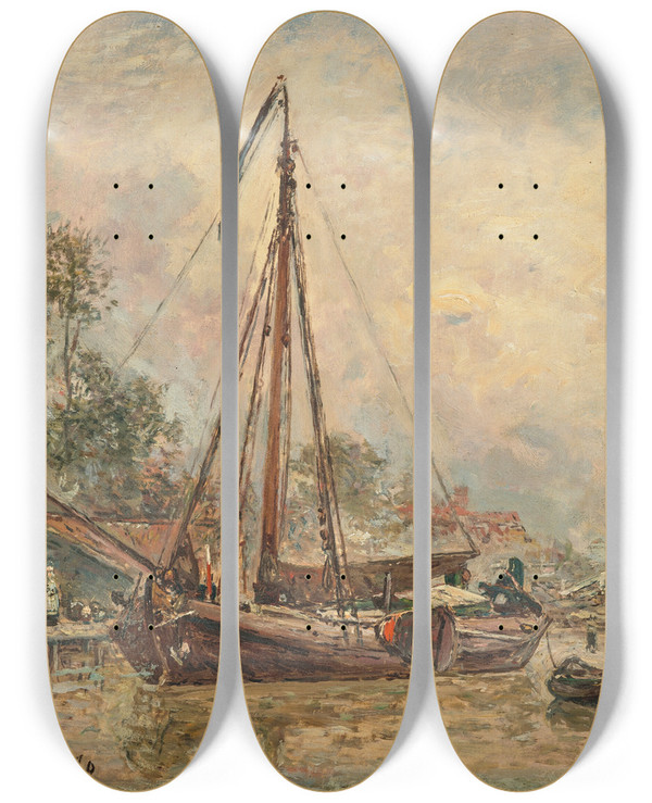 Triptych art skateboard deck of Johan Barthold Jongkind Environs De Dordrecht_2 by Johan Barthold Jongkind (1819-1891)