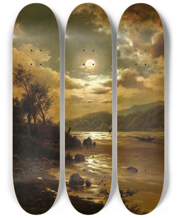 Triptych art skateboard deck of Fritz Chwala Mondlicht Ber Einer Seelandschaft by Fritz Chwala (1872-1936)