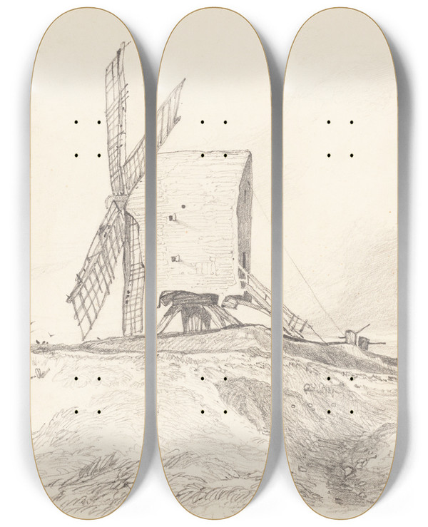 Triptych art skateboard deck of John Sell Cotman Eye Mill In Suffolk by John Sell Cotman (1782-1842)
