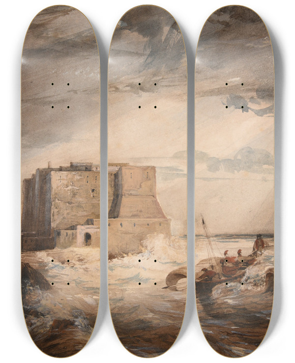 Triptych art skateboard deck of Jacquesraymond Brascassat Le Chteau De Luf Naples by Jacques Raymond Brascassat (1804-1867)