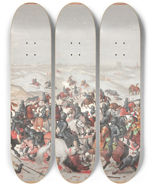 Triptych art skateboard deck of Sebastian Vrancx La Bataille De Lekkersbeetje by Sebastian Vrancx (1573-1647)
