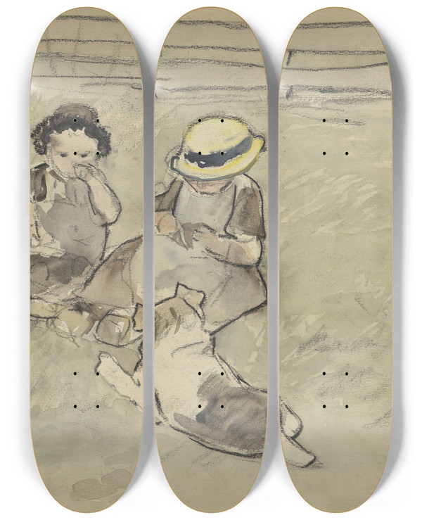 Triptych art skateboard deck of Adolf Le Comte Drie Meisjes Met Een Hond Zittend In Een Weiland by Adolf Le Comte (1850-1921)