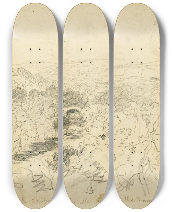 Triptych art skateboard deck of David Cox Pont Pwl Gwyn River Usk by David Cox (1783-1859)