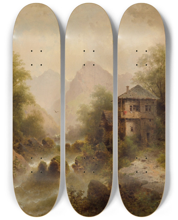 Triptych art skateboard deck of Albert Rieger Wasserfall Mit Mhle by Albert Rieger (1934-1905)