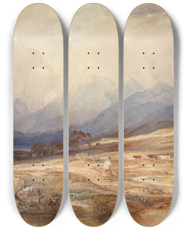 Triptych art skateboard deck of Copley Fielding A Scottish Landscape by Copley Fielding (1787-1855)
