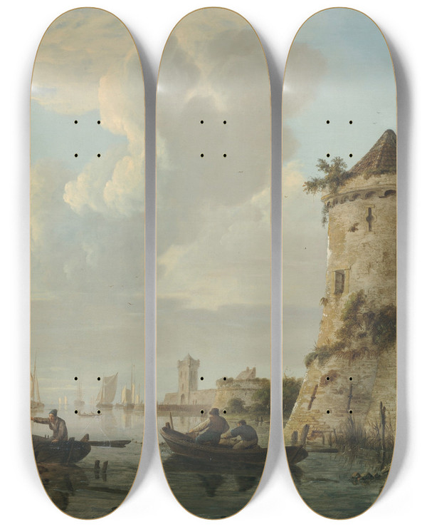 Triptych art skateboard deck of Johannes Hermanus Koekkoek Pulling In Nets At Sunset by Johannes Hermanus Koekkoek (1778-1851)