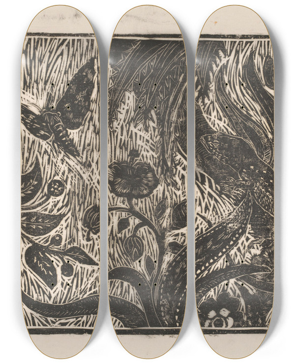 Triptych art skateboard deck of Janus De Winter Struikgewas Met Hagedis En Nachtvlinder by Janus de Winter (1882-1951)
