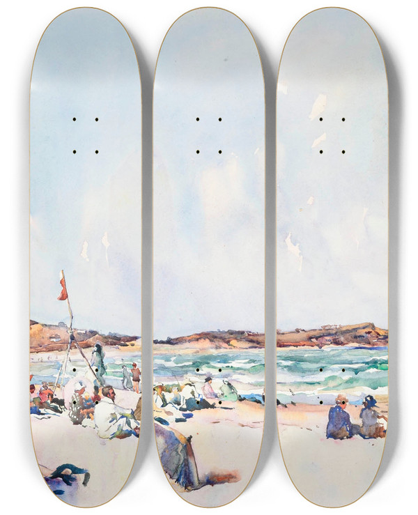 Triptych art skateboard deck of Maud Sherwood The Beach Dee Why Sydney by Maud Sherwood (1880-1956)