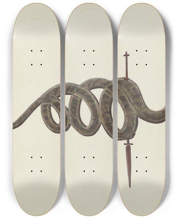Triptych art skateboard deck of Lloyd Broome Serpent Weather Vane by Lloyd Broome