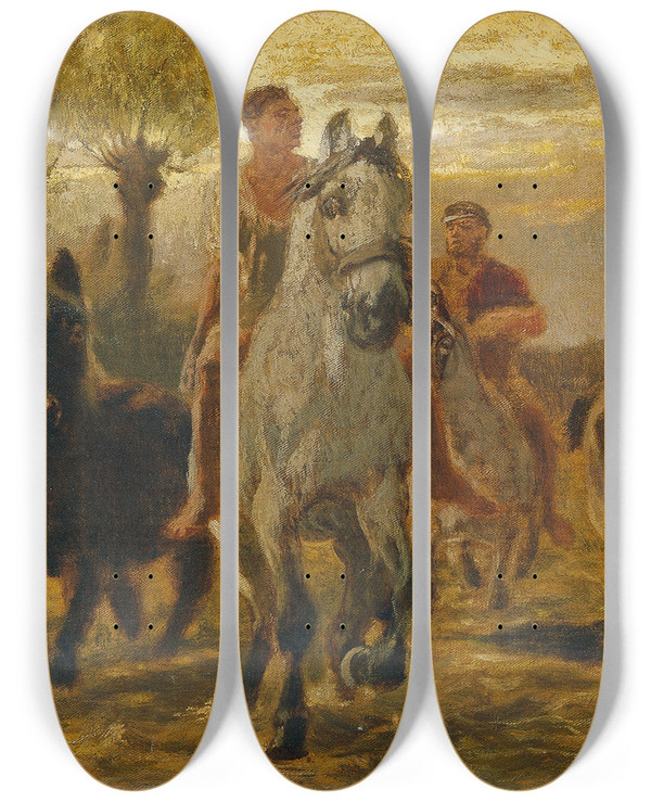 Triptych art skateboard deck of Teutwart Schmitson Pferdeschwemme by Teutwart Schmitson (1830-1863)