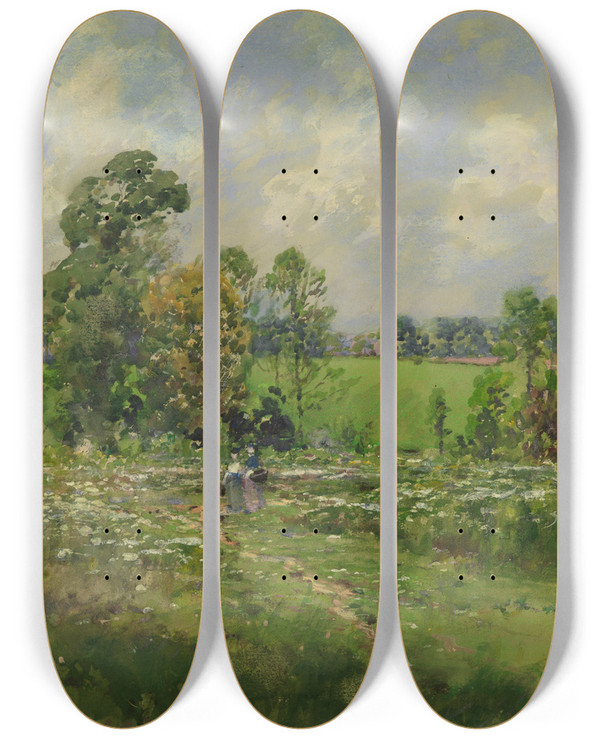 Triptych art skateboard deck of William Henry Holmes Flowery Meadow by William Henry Holmes (1846-1933)