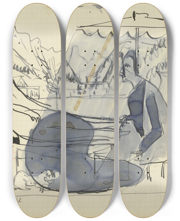 Triptych art skateboard deck of Ernst Ludwig Kirchner People On The Deck Chair_1 by Ernst Ludwig Kirchner (1880-1938)