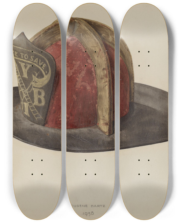 Triptych art skateboard deck of Eugene Bartz Firemans Helmet_1 by Eugene Bartz