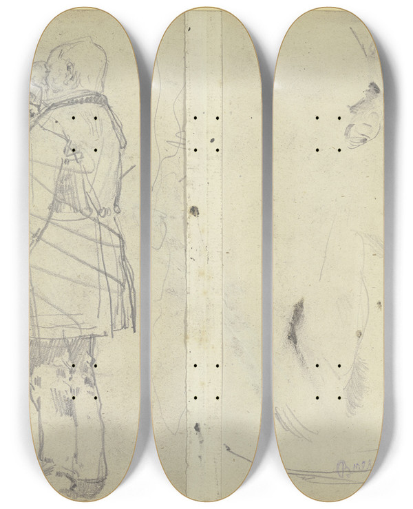 Triptych art skateboard deck of Fritz Boehle Dog And Figures by Fritz Boehle (1873-1916)