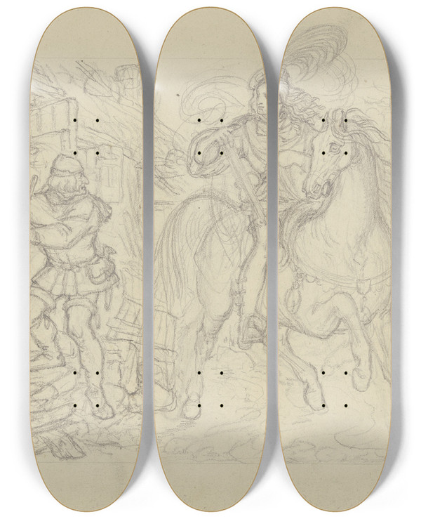Triptych art skateboard deck of Ferdinand Fellner Ungedeutete Szene Ein Ritter Mit Armbrust An Einer Htte Haltend Ein Knappe Betritt Diese_2 by Ferdinand Fellner (1799-1859)