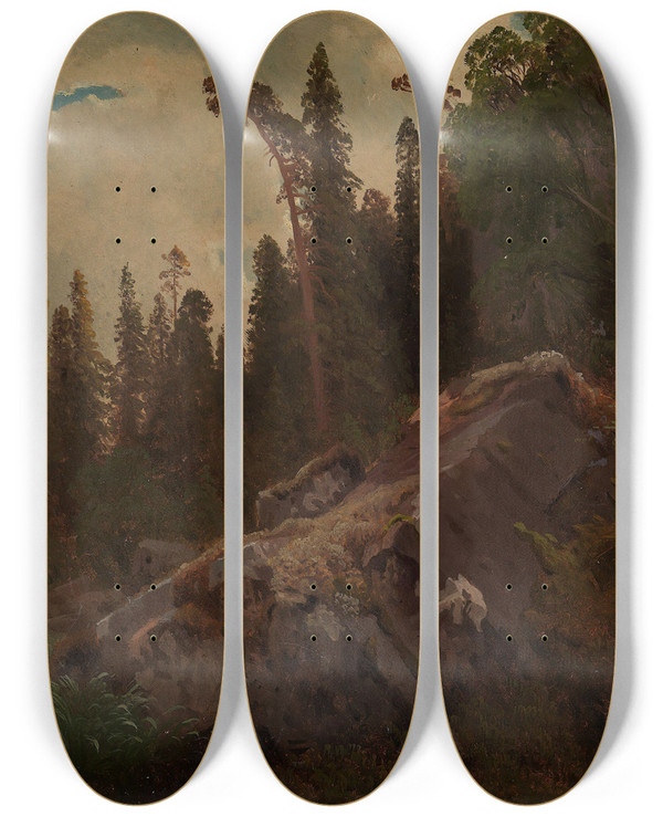 Triptych art skateboard deck of August Cappelen Landscape Study With Trees And Rocks by August Cappelen (1827-1852)