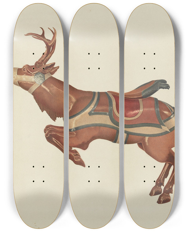 Triptych art skateboard deck of Michael Riccitelli Carousel Reindeer by Michael Riccitelli