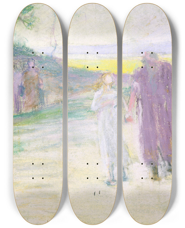 Triptych art skateboard deck of Henry Ossawa Tanner Study For Flight To Egypt by Henry Ossawa Tanner (1859-1937)