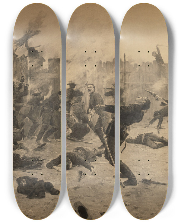 Triptych art skateboard deck of Charles Schreyvogel Defending The Stockade by Charles Schreyvogel (1861-1912)