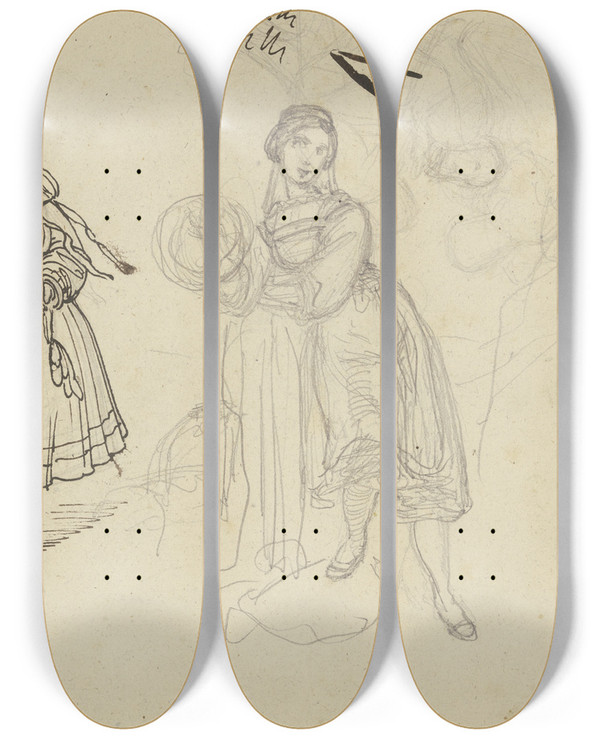 Triptych art skateboard deck of Ferdinand Fellner Three Black Forest Girls by Ferdinand Fellner (1799-1859)