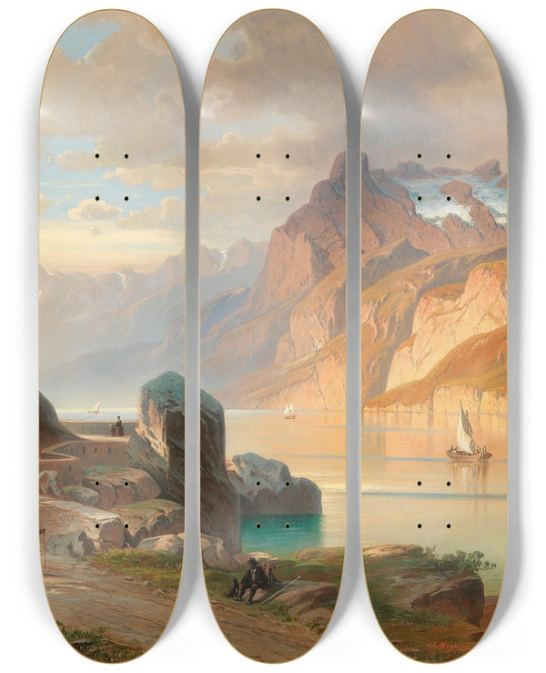 Triptych art skateboard deck of Josef Mayburger Die Axenstrae Am Vierwaldstttersee by Josef Mayburger (1814-1908)