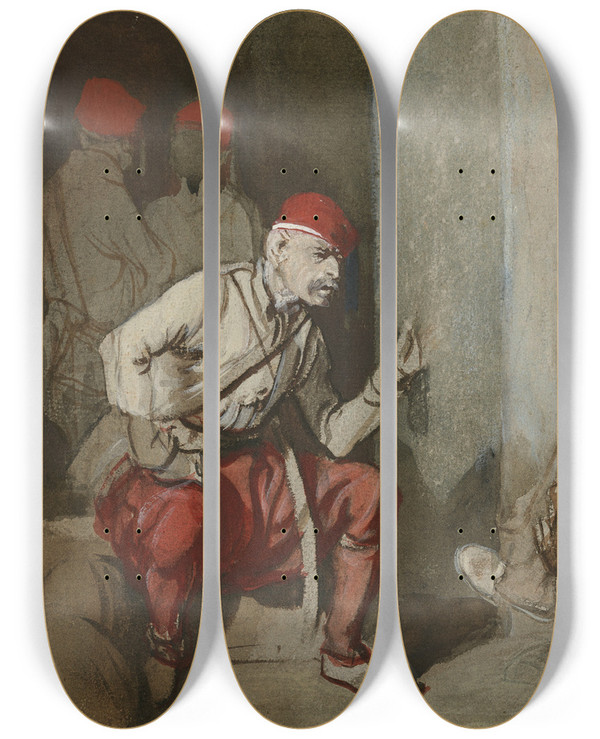 Triptych art skateboard deck of Alexandregabriel Decamps Turkish Guardsmen by Alexandre-Gabriel Decamps (1803-1860)