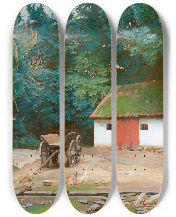 Triptych art skateboard deck of Knud Sinding Grdeksterir Med Hns by Knud Sinding (1875-1946)