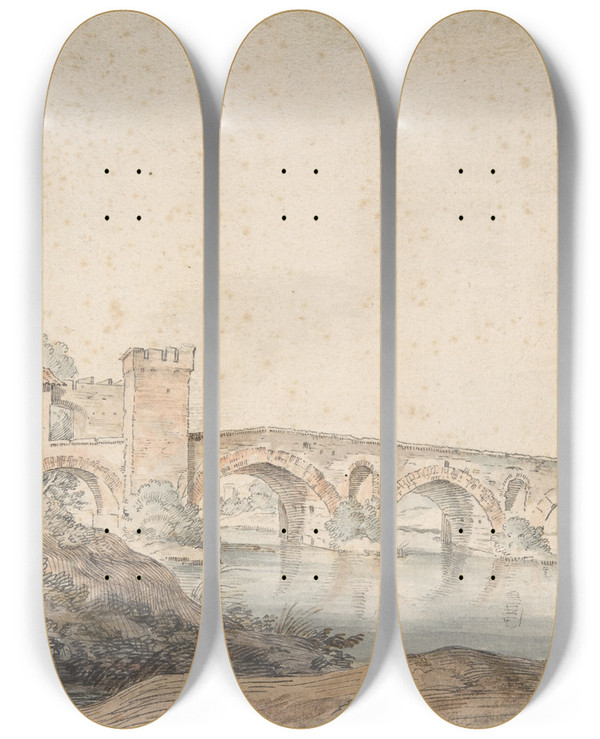Triptych art skateboard deck of Claudejoseph Vernet Ponte Molle Rome by Claude Joseph Vernet (1714-1789)