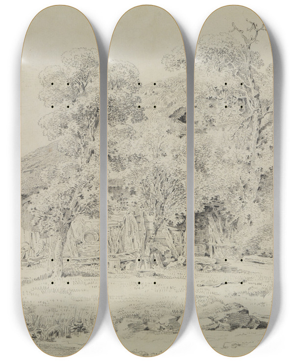 Triptych art skateboard deck of Balthasar Anton Dunker Bauernhof Mit Staffage by Balthasar Anton Dunker (1746-1807)