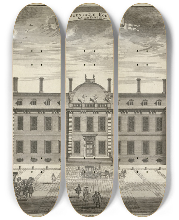 Triptych art skateboard deck of Sutton Nicholls Montague House by Sutton Nicholls (1700-1740)