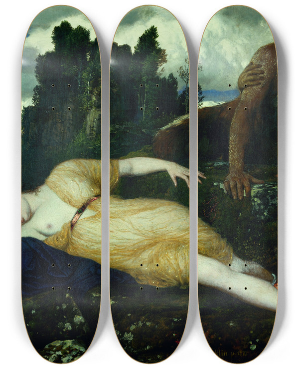 Triptych art skateboard deck of Arnold Bcklin Sleeping Diana Watched By Two Fauns by Arnold Bocklin (1827-1901)